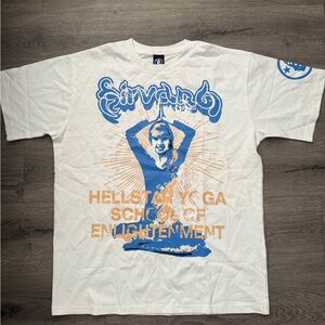 Hell starWhite Graphic T-Shirt with Blue and Orange Print